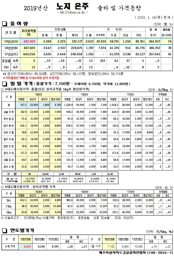 [노지온주]2019년산 출하 및 가격동향(1/16)