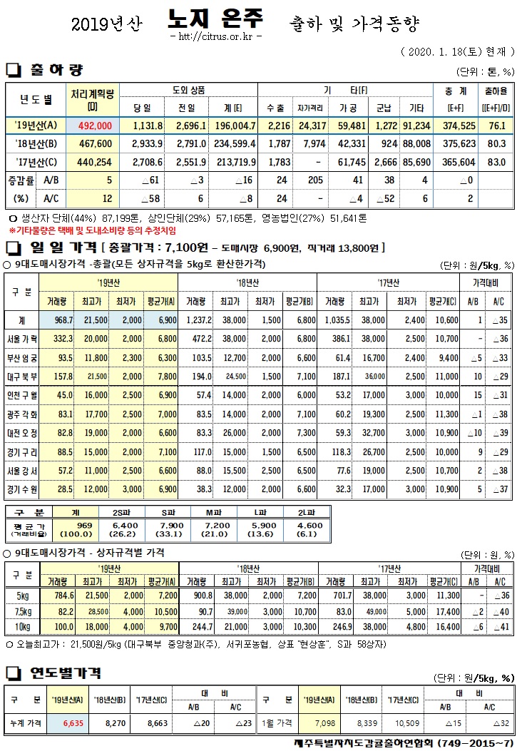 [노지온주]2019년산 출하 및 가격동향(1/18)