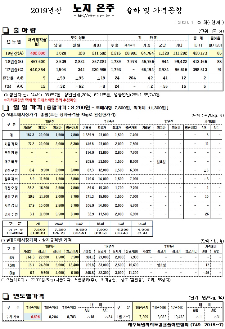 [노지온주]2019년산 출하량 및 가격동향(1/28)