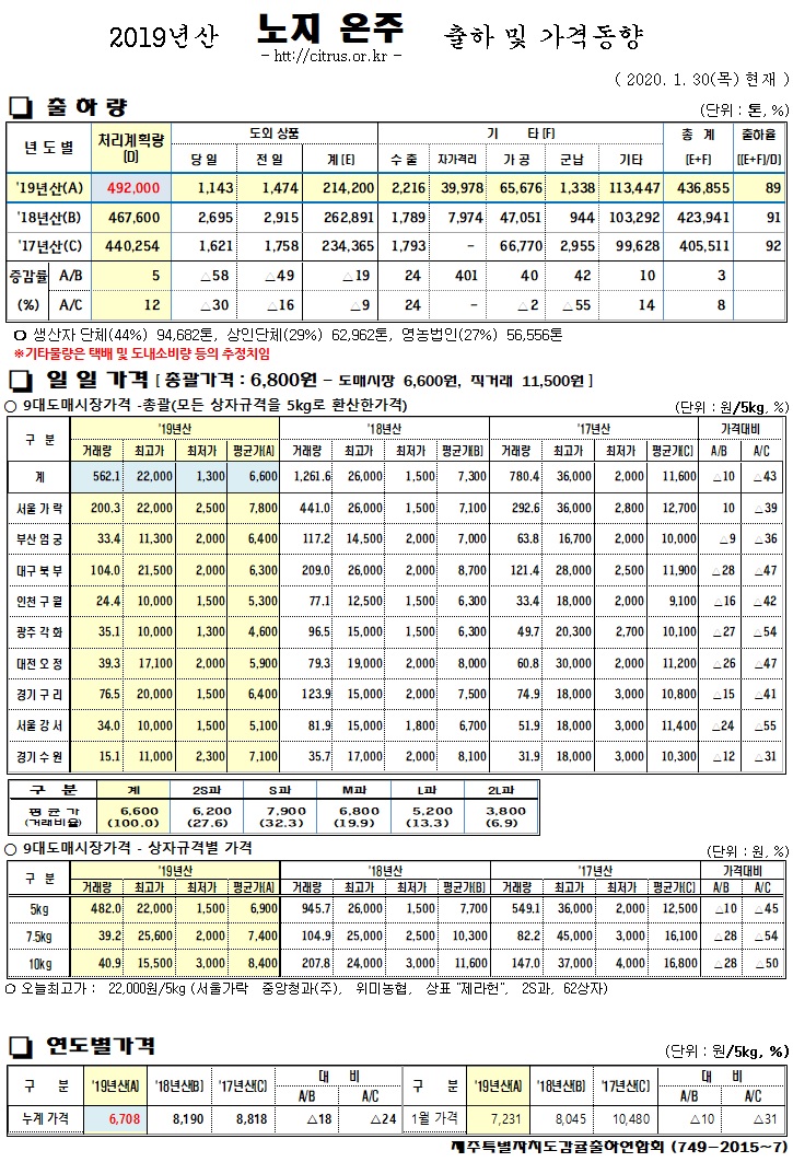 [노지온주]2019년산 출하 및 가격동향(1/30)