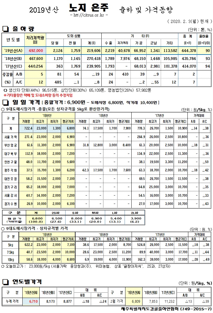 [노지온주]2019년산 출하 및 가격동향(2/03)