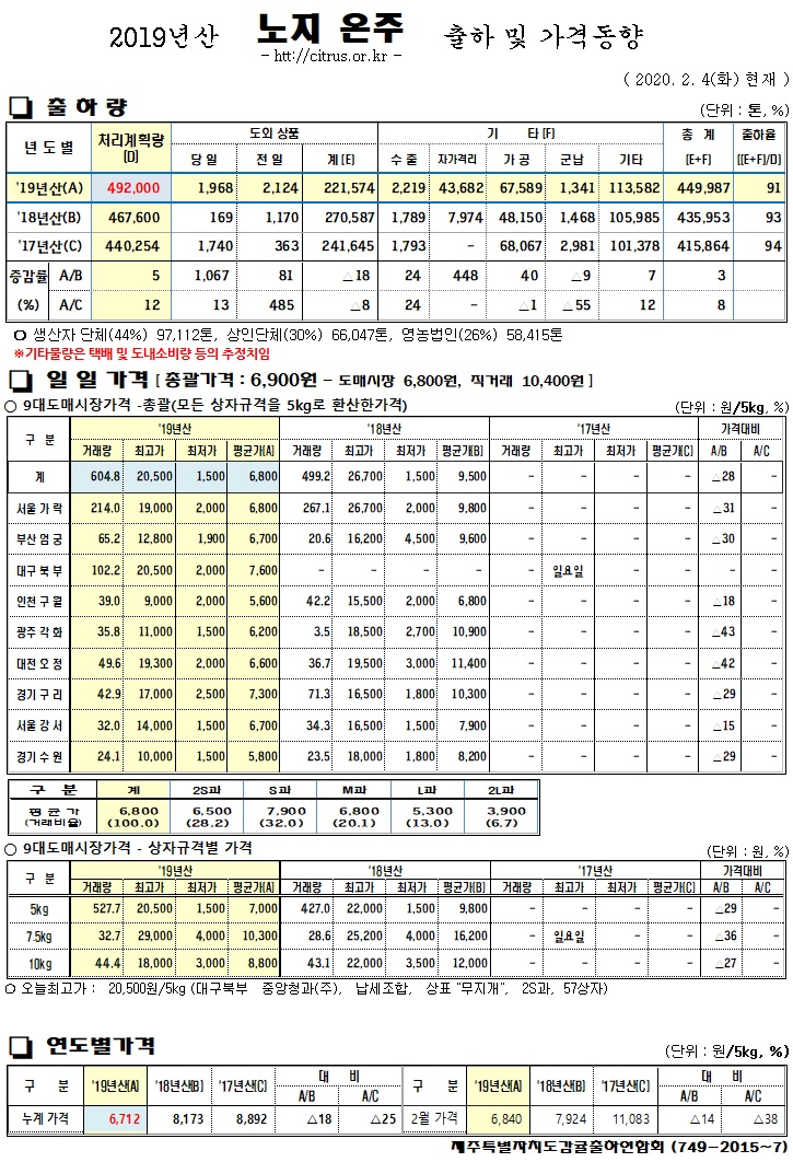 [노지온주]2019년산 출하 및 가격동향(2/04)
