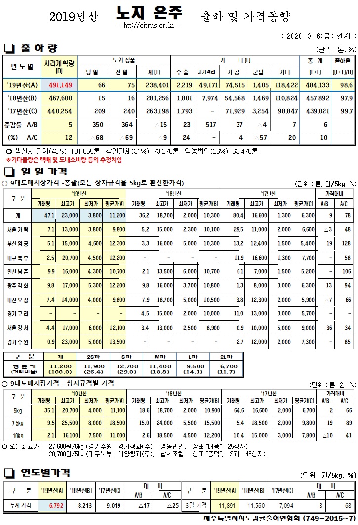 [노지온주]2019년산 출하 및 가격동향(3/06)