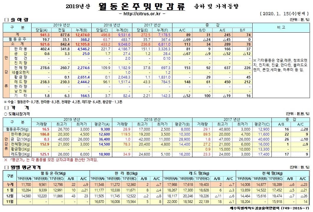 [월동&만감]2019년산 출하 및 가격동향(1/15)