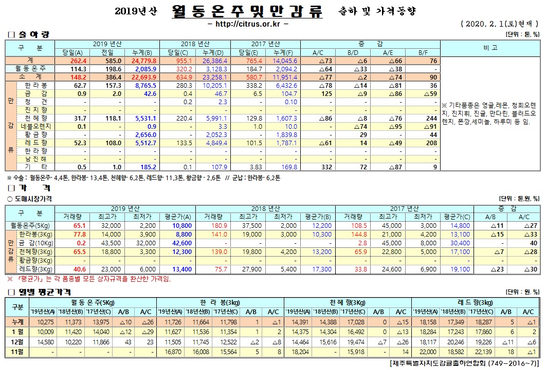 [월동&만감]2019년산 출하 및 가격동향(2/01)