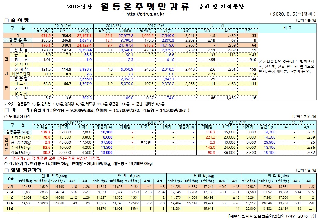 [월동&만감]2019년산 출하 및 가격동향(2/05)