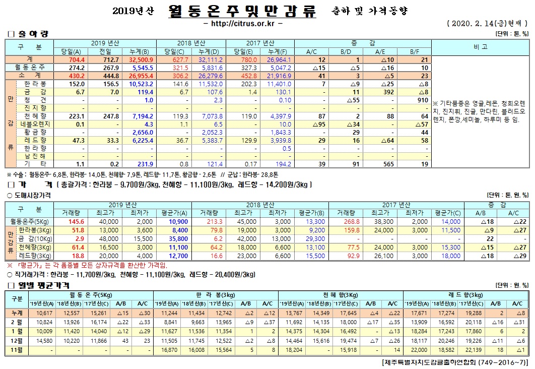 [월동&만감]2019년산 출하 및 가격동향(2/14)