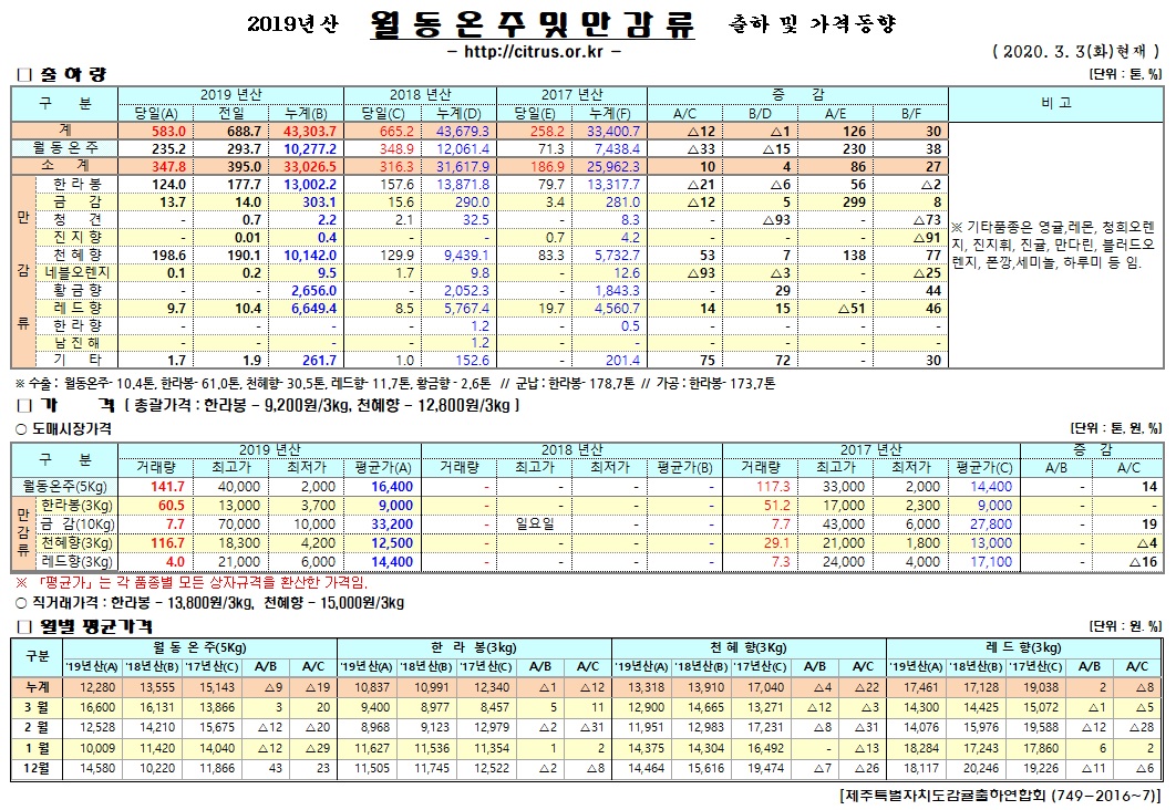 [월동&만감]2019년산 출하 및 가격동향(3/03)
