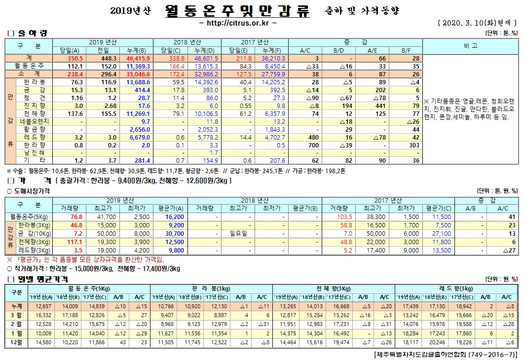 [월동&만감]2019년산 출하 및 가격동향(3/10)