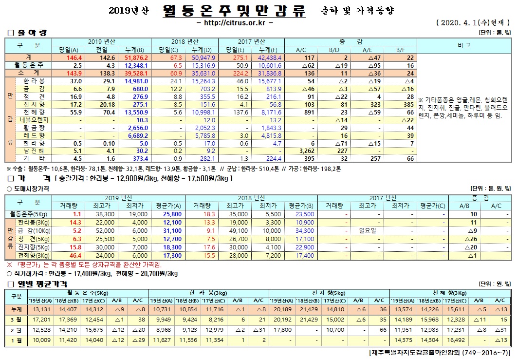 [월동&만감]2019년산 출하 및 가격동향(4/01)