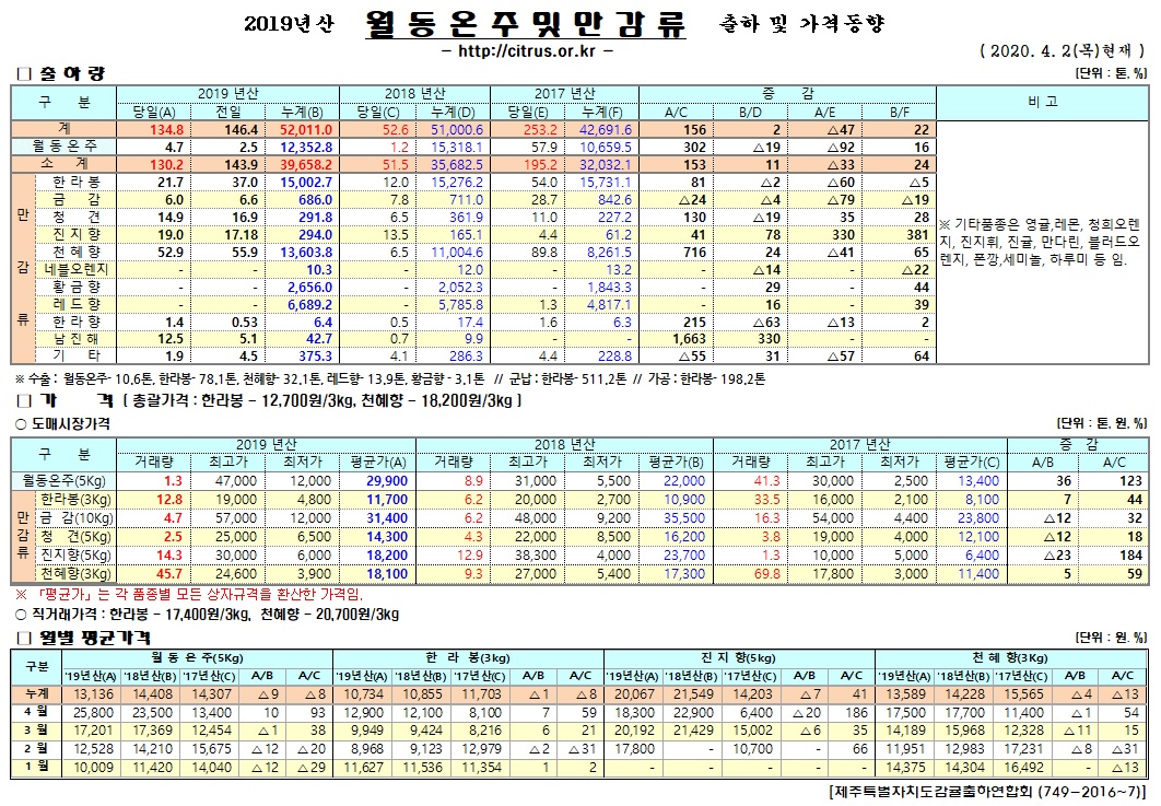 [월동&만감]2019년산 출하 및 가격동향(4/02)