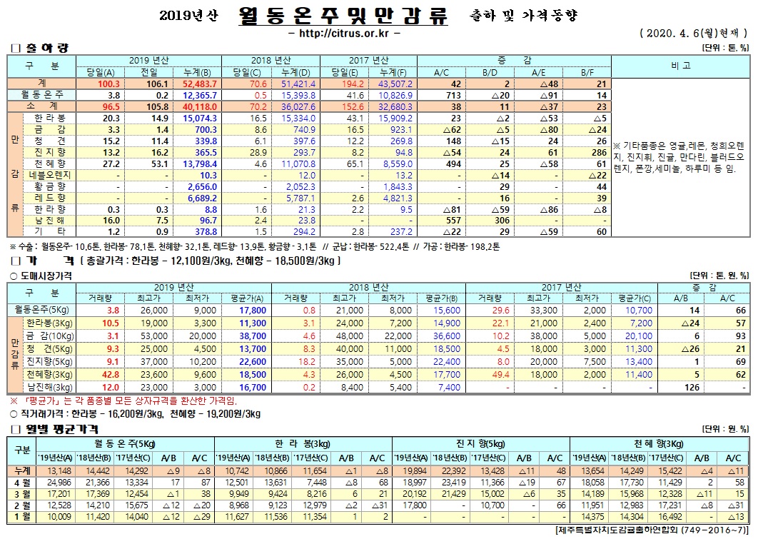 [월동&만감]2019년산 출하 및 가격동향(4/06)