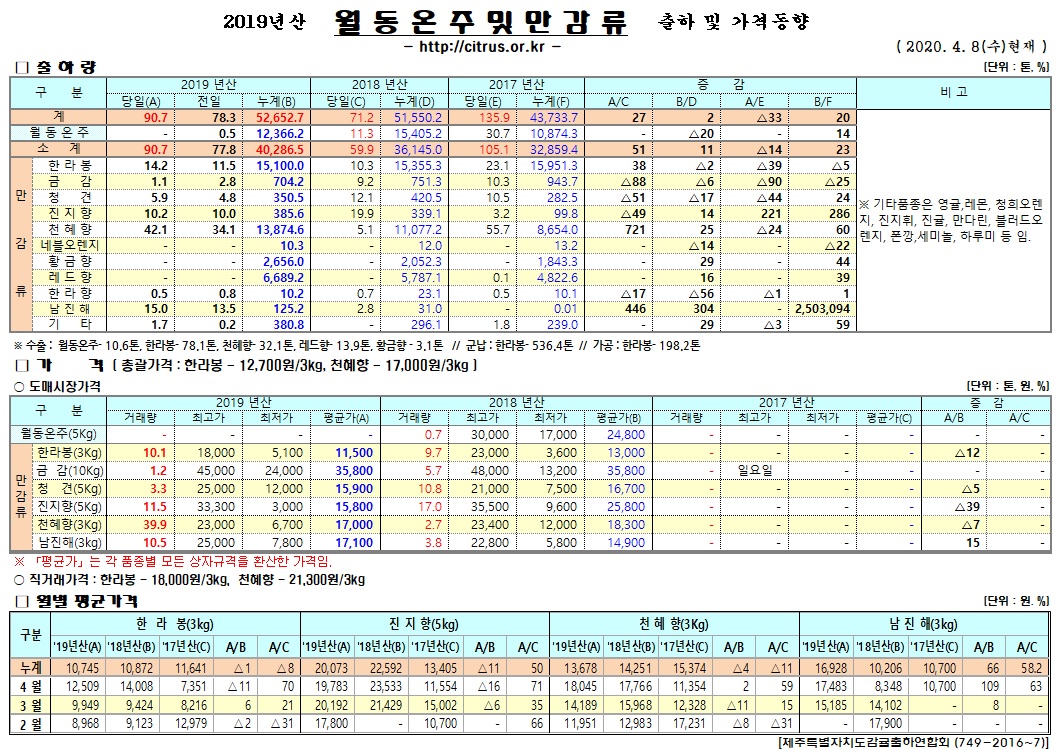 [월동&만감]2019년산 출하 및 가격동향(4/08)
