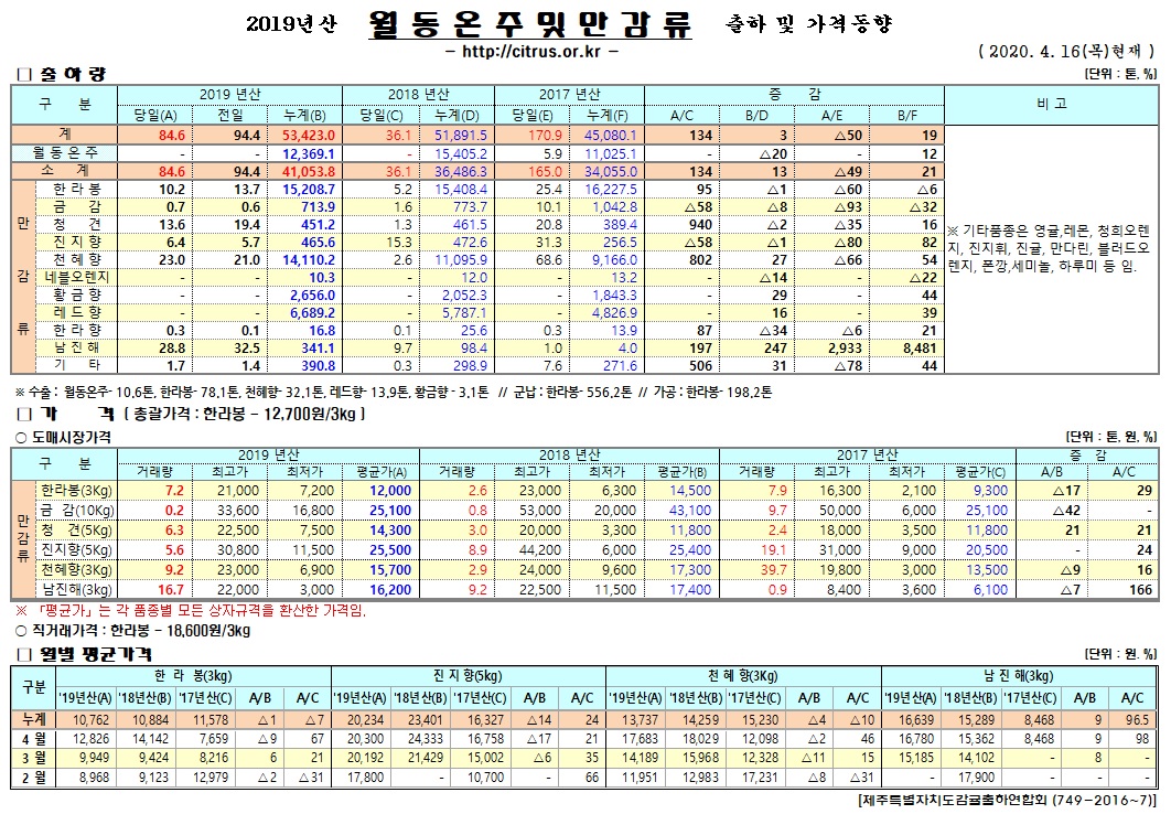 [월동&만감]2019년산 출하 및 가격동향(4/16)