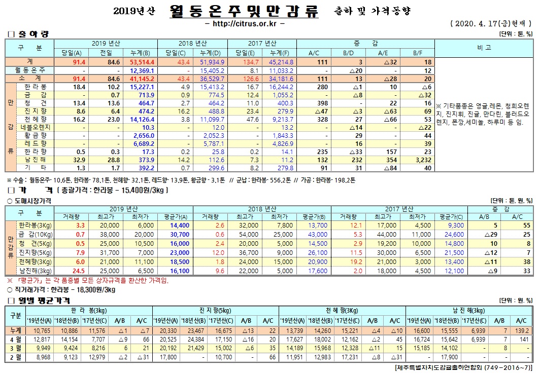[월동&만감]2019년산 출하 및 가격동향(4/17)