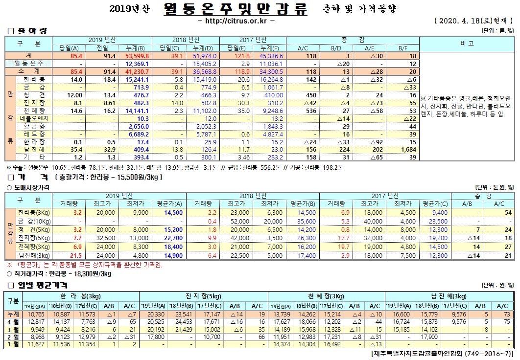 [월동&만감]2019년산 출하 및 가격동향(4/18)