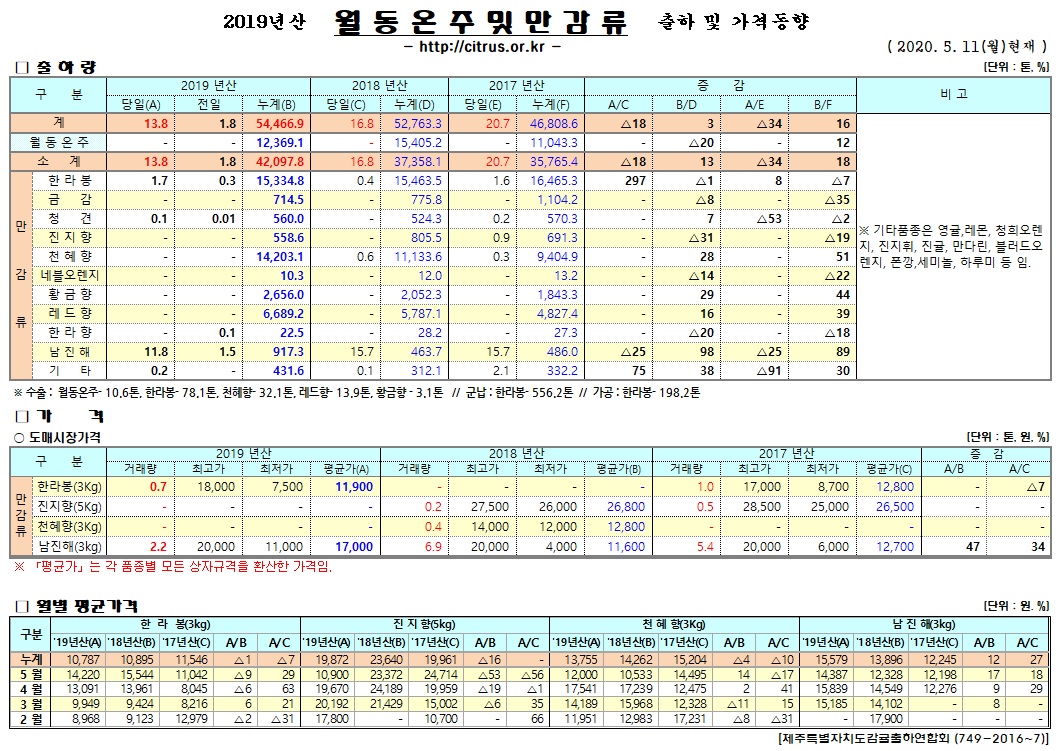 [월동&만감]2019년산 출하 및 가격동향(5/11)