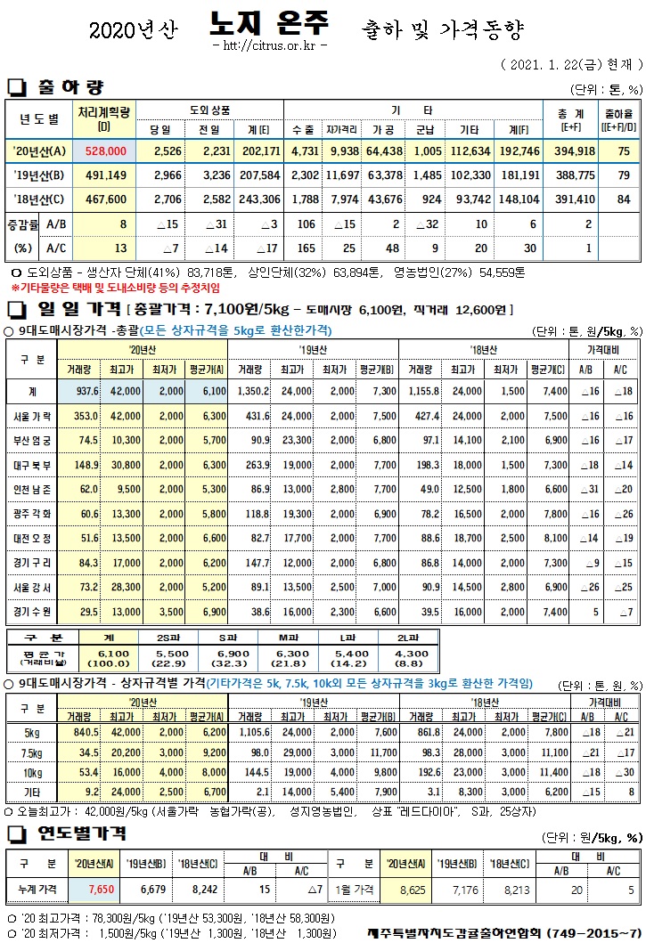 [노지온주]2020년산 출하 및 가격동향(1/22)