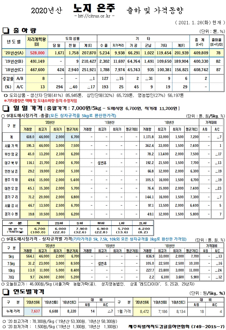 [노지온주]2020년산 출하 및 가격동향(1/26)