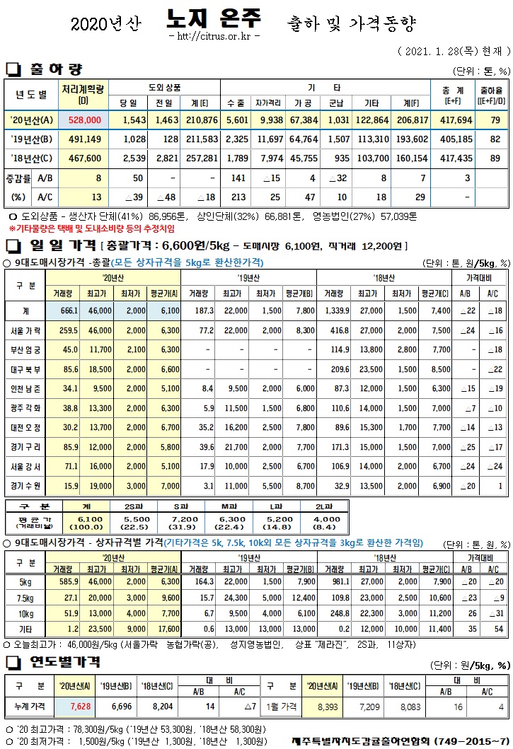 [노지온주]2020년산 출하 및 가격동향(1/28)