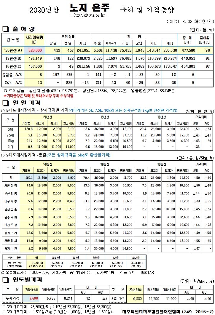[노지온주]2020년산 출하 및 가격동향(3/02)