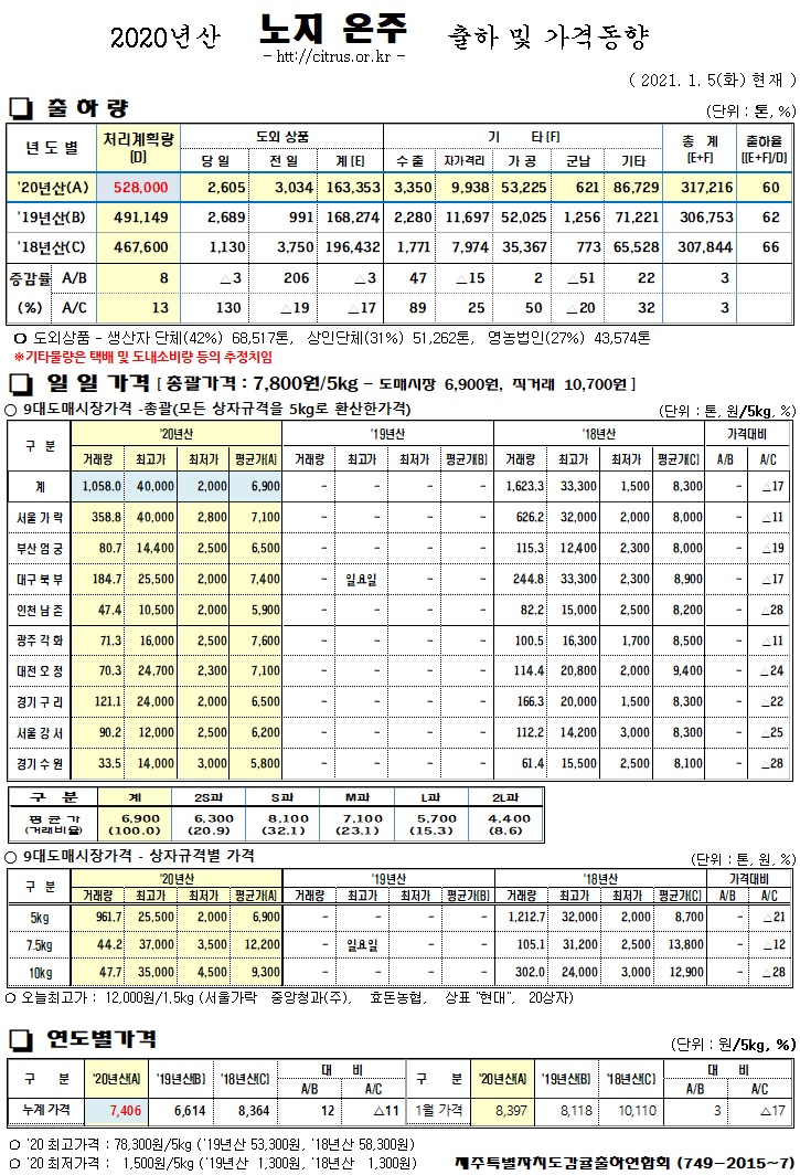 [노지온주]2020년산 출하 및 가격동향(1/05)
