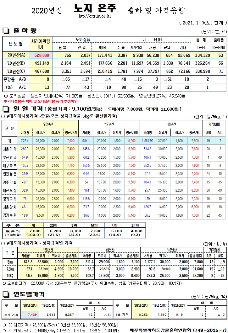 [노지온주]2020년산 출하 및 가격동향(1/09)
