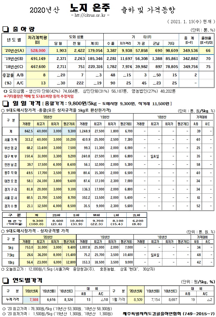 [노지온주]2020년산 출하 및 가격동향(1/13)