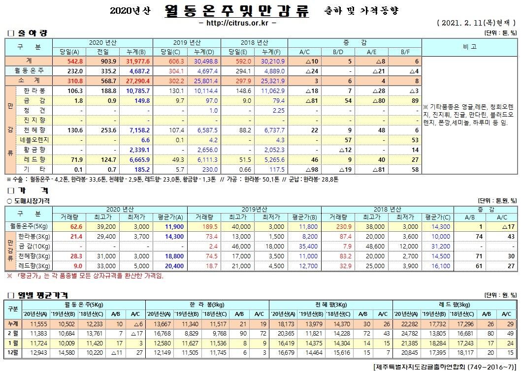 [월동&만감]2020년산 출하 및 가격동향(2/11)
