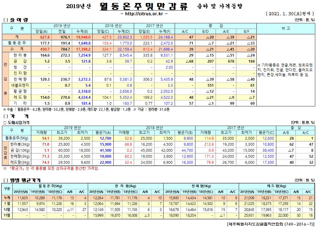 [월동&만감]2020년산 출하 및 가격동향(1/30)