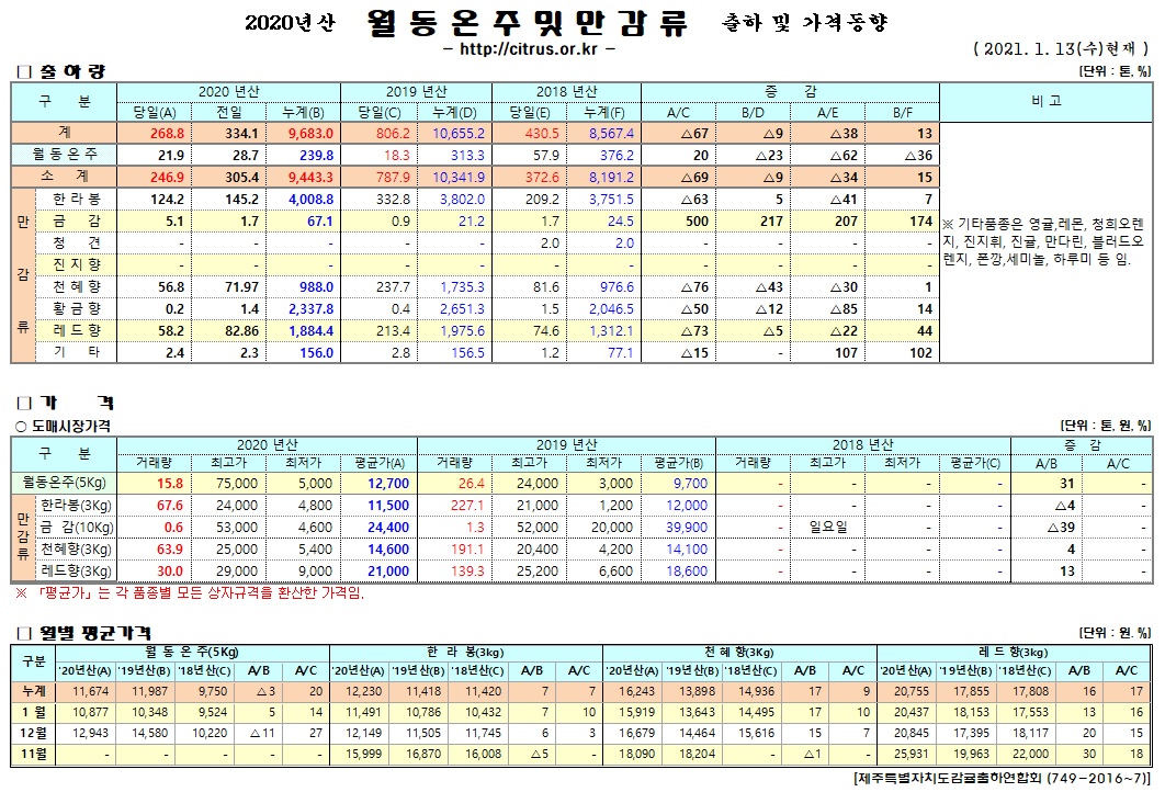 [월동&만감]2020년산 출하 및 가격동향(1/13)