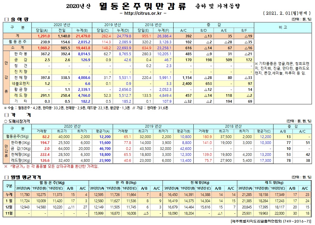 [월동&만감]2020년산 출하 및 가격동향(2/01)