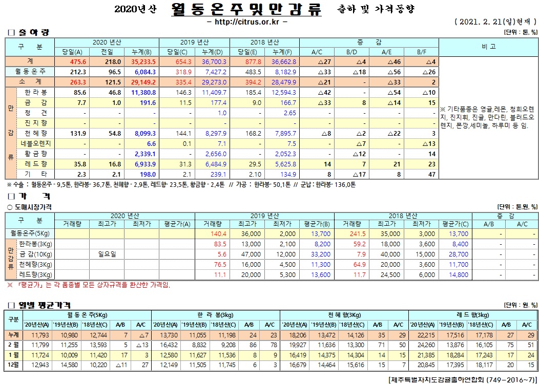 [월동&만감]2020년산 출하 및 가격동향(2/21)