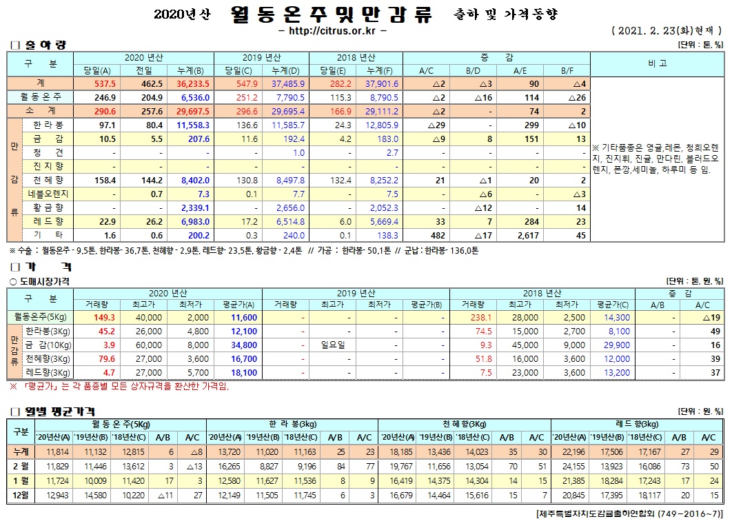 [월동&만감]2020년산 출하 및 가격동향(2/23)