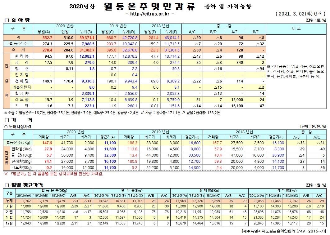 [월동&만감]2020년산 출하 및 가격동향(3/02)
