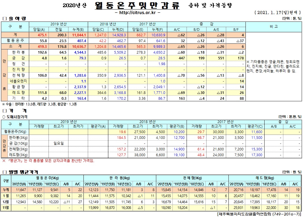 [월동&만감]2020년산 출하 및 가격동향(1/17)