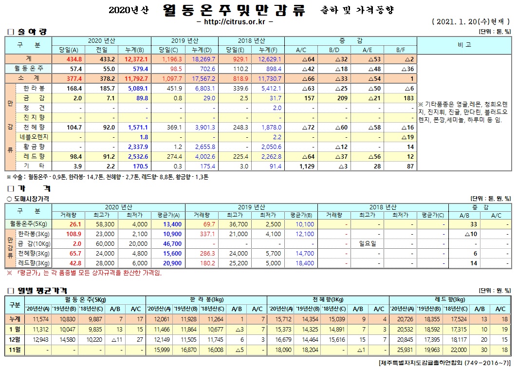 [월동&만감]2020년산 출하 및 가격동향(1/20)