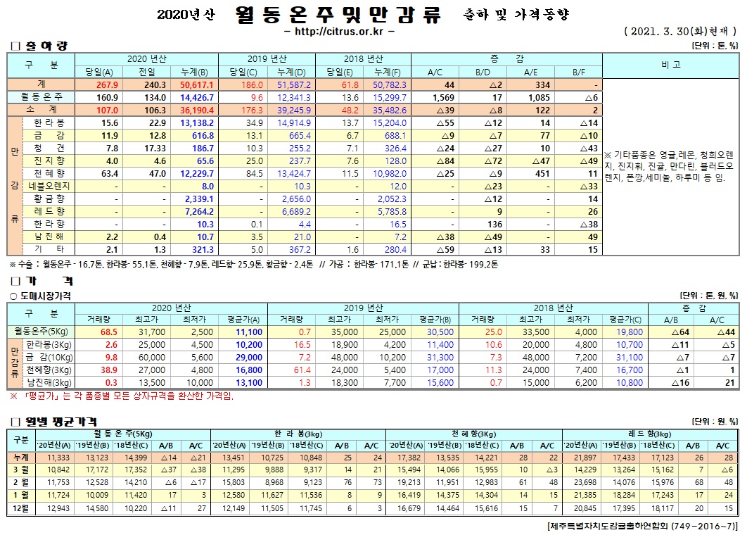 [월동&만감]2020년산 출하 및 가격동향(3/30)