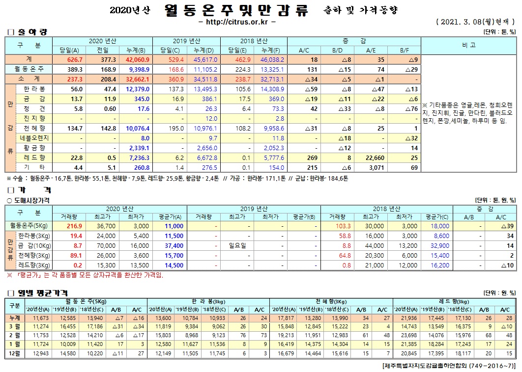 [월동&만감]2020년산 출하 및 가격동향(3/08)