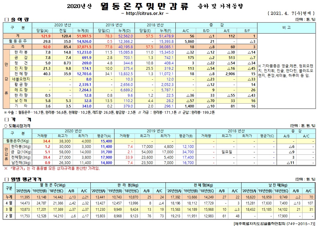 [월동&만감]2020년산 출하 및 가격동향(4/07)