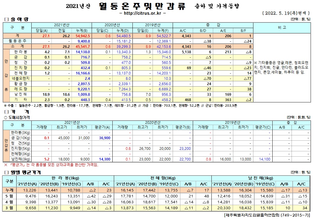 [월동&만감]2021년산 출하 및 가격동향(5/19)